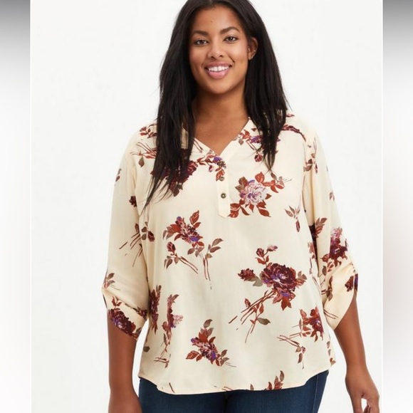 torrid Tops - Torrid Blouse Pullover Challis Floral Tan Roll Tab Sleeve Sz 1